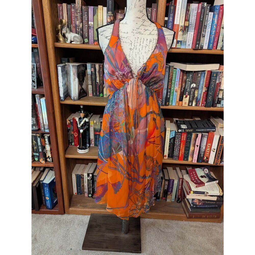 Be Seduced Women's Size Small 100% Silk Orange Purple Abstract Midi Dress Open
